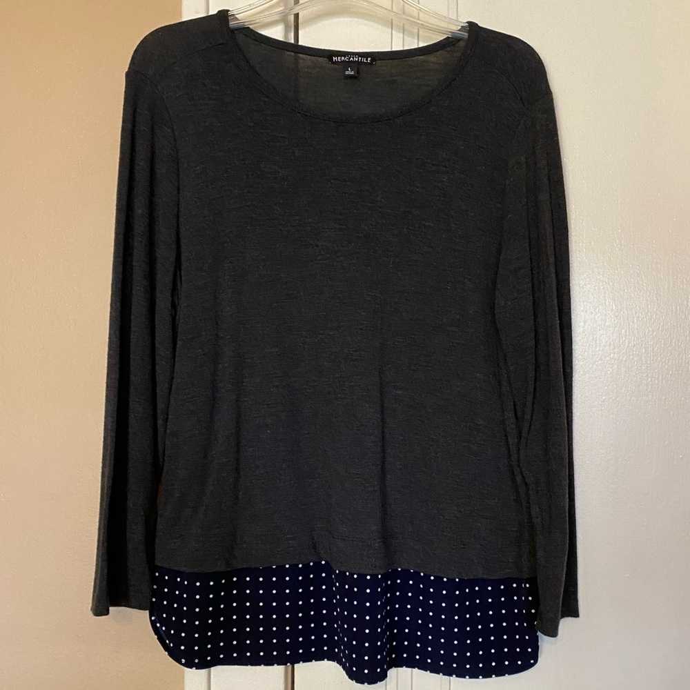 J Crew Women’s Tunic charcoal gray with navy & white polka dot hem “shirt”Large